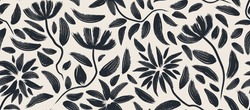 Flowers Hand Drawn Seamless Pattern. Ink Brush Texture. 