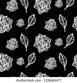 Flowers hand drawn seamless pattern. Black and white ink brush texture. Floral wrapping paper, textile vector fill. 