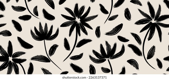 flores dibujadas a mano sin costura. textura de pincel de tinta. 