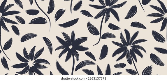 flowers hand drawn seamless pattern. ink brush texture. 