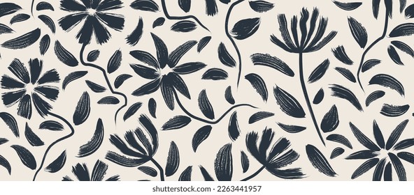 flowers hand drawn seamless pattern. ink brush texture. 