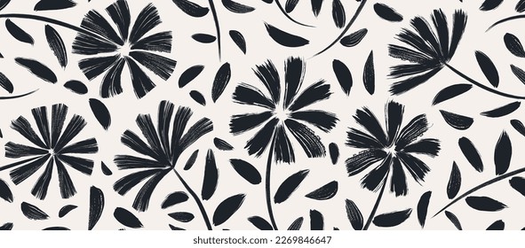 flowers hand drawn seamless pattern. ink brush texture. 