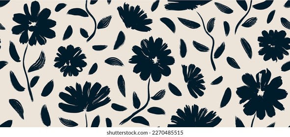 flowers hand drawn seamless pattern. ink brush texture. 