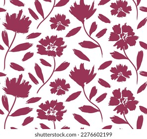 flowers hand drawn seamless pattern. ink brush texture. 