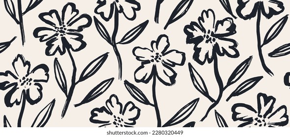 flowers hand drawn seamless pattern. ink brush texture. 