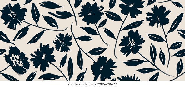 flowers hand drawn seamless pattern. ink brush texture. 