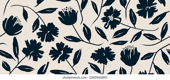 flowers hand drawn seamless pattern. ink brush texture. 