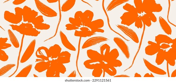 flowers hand drawn seamless pattern. ink brush texture. 