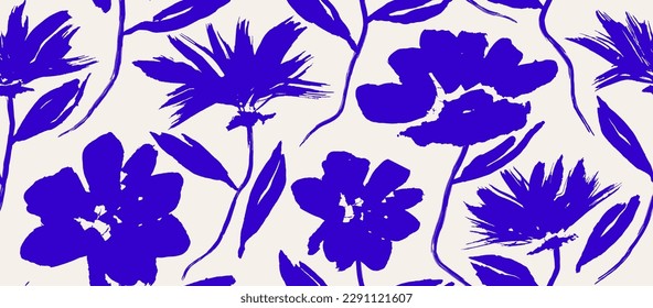 flowers hand drawn seamless pattern. ink brush texture. 