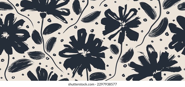 flowers hand drawn seamless pattern. ink brush texture. 