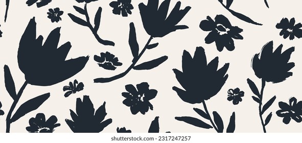 flowers hand drawn seamless pattern. ink brush texture.