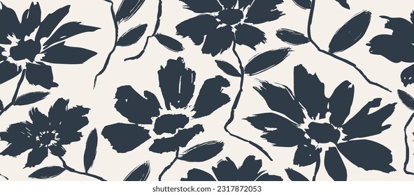 flowers hand drawn seamless pattern. ink brush texture. 