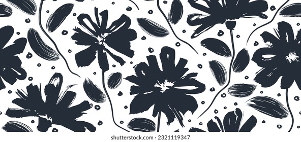 flowers hand drawn seamless pattern. ink brush texture.