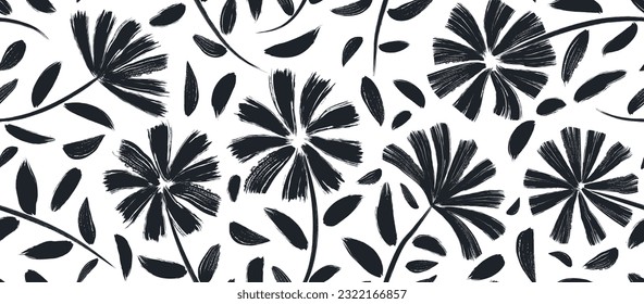 flowers hand drawn seamless pattern. ink brush texture.