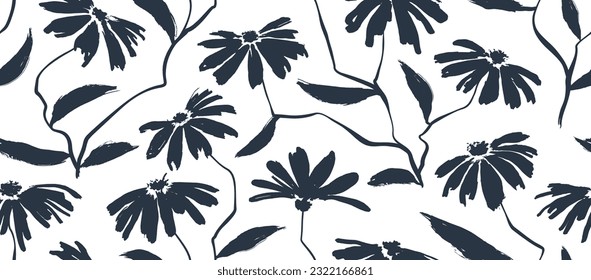 flowers hand drawn seamless pattern. ink brush texture.