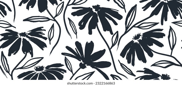 flowers hand drawn seamless pattern. ink brush texture.