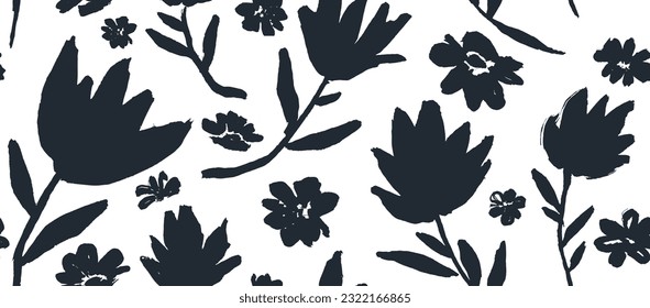 flowers hand drawn seamless pattern. ink brush texture.