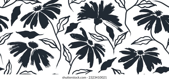 flowers hand drawn seamless pattern. ink brush texture.