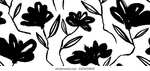 flowers hand drawn seamless pattern. ink brush texture.