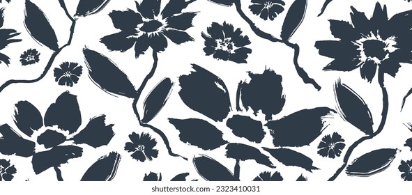 flores dibujadas a mano sin costura. textura de pincel de tinta.