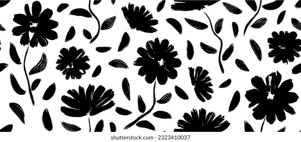 flowers hand drawn seamless pattern. ink brush texture.