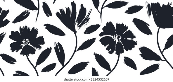 flowers hand drawn seamless pattern. ink brush texture.