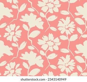 flowers hand drawn seamless pattern. ink brush texture. bicolor contour silhouette seamless pattern with flowers and leaves seamless pattern. 