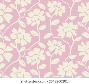 flowers hand drawn seamless pattern. ink brush texture. Silhouettes of blooming lilac flowers in vintage style. Elegant seamless botanical pattern made of spring flowers. Nature ornament for textile.
