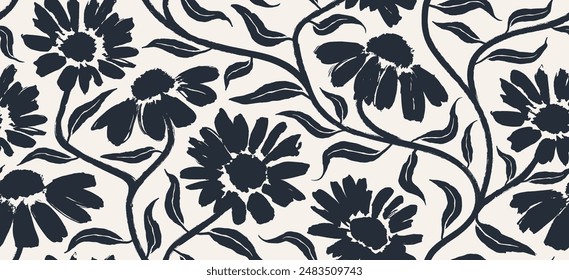 flowers hand drawn seamless pattern. ink brush texture.