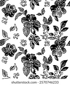 flowers hand drawn seamless pattern. flowers silhouettes vector print. ink brush texture. black and white 