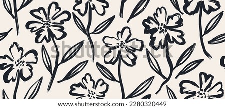 flowers hand drawn seamless pattern. ink brush texture. 