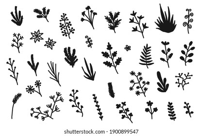 flowers hand drawn set, flowers silhouettes isolated on white background, vector