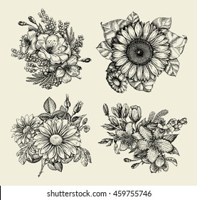 Flowers. Hand drawn sketch flower, floral pattern. Vector illustration