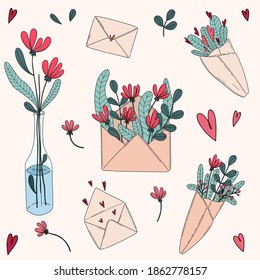 Flowers in hand drawn style. Holiday vector background. Letter with flowers. Vector drawing.