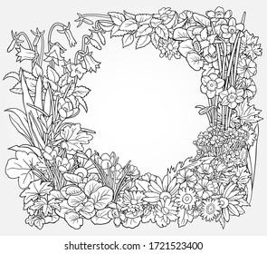 Flowers hand drawn vector doodles illustration. Nature elements and objects cartoon background. Round frame design