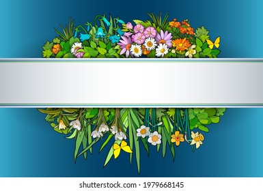 Flowers hand drawn vector doodles illustration. Nature elements and objects cartoon background. Frame design
