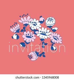 Flowers hand drawn vector invitation template. Sketch blooming on red background. Flat color illustration. Decorative blossom with lettering. Floral banner, postcard, greeting card design