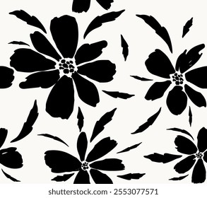 flores desenhadas à mão, flores desenhadas à mão e folhas pintar padrão de pincel. Abstrato tinta preta flores pintar pincel e traços, padrões florais sem emenda. Prados, folhas, folhas e flores