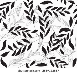 flowers hand-drawn, Seamless floral. Floral brush strokes seamless pattern, black and white flowers and leaves paint brush pattern. Abstract black ink flowers paint brush and strokes.eps8