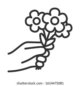 flowers in hands, linear icon. Editable stroke