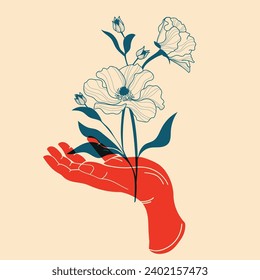 Flowers in hands. Vector illustration in a minimalist style  with Riso print effect. Design element for advertising, posters, prints for clothing, banners, covers