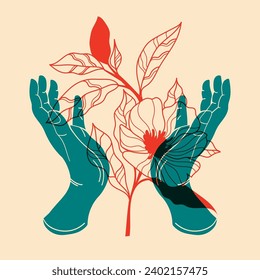 Flowers in hands. Vector illustration in a minimalist style  with Riso print effect. Design element for advertising, posters, prints for clothing, banners, covers
