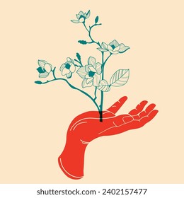 Flowers in hands. Vector illustration in a minimalist style  with Riso print effect. Design element for advertising, posters, prints for clothing, banners, covers