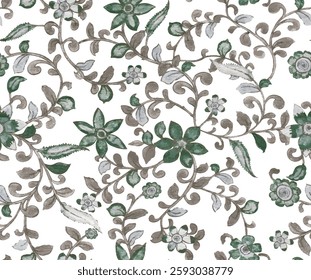 The flowers have multiple petals and are centrally accented The vines are intricate  flowing lines and decorative detailing that suggest scrolling  leaf-like elements The background is a plain white.