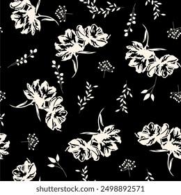 Flowers have organic shape with seamless background. Simple abstract floral pattern. Modern printing in black and white. Ideal for textile design, wallpaper, cards, posters and decoration.