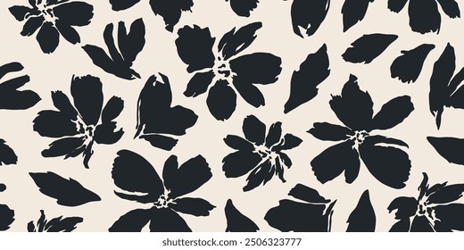 Flowers have organic shape with seamless background. Simple abstract floral pattern. Modern printing in black and white. Ideal for textile design, wallpaper, cards, posters and decoration.