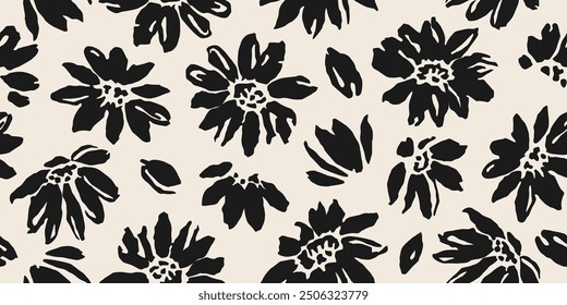 Flowers have organic shape with seamless background. Simple abstract floral pattern. Modern printing in black and white. Ideal for textile design, wallpaper, cards, posters and decoration.