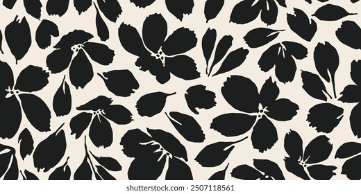 Flowers have organic shape with seamless background. Simple abstract floral pattern. Modern printing in black and white. Ideal for textile design, wallpaper, cards, posters and decoration.