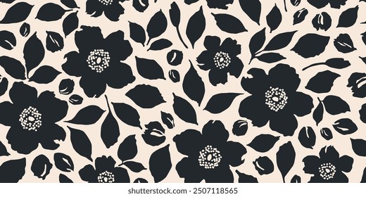 Flowers have organic shape with seamless background. Simple abstract floral pattern. Modern printing in black and white. Ideal for textile design, wallpaper, cards, posters and decoration.