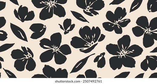 Flowers have organic shape with seamless background. Simple abstract floral pattern. Modern printing in black and white. Ideal for textile design, wallpaper, cards, posters and decoration.